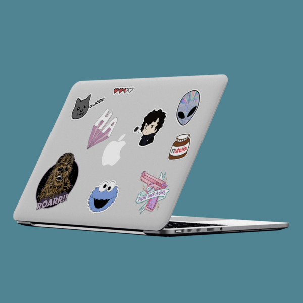 A collage of various laptop stickers.