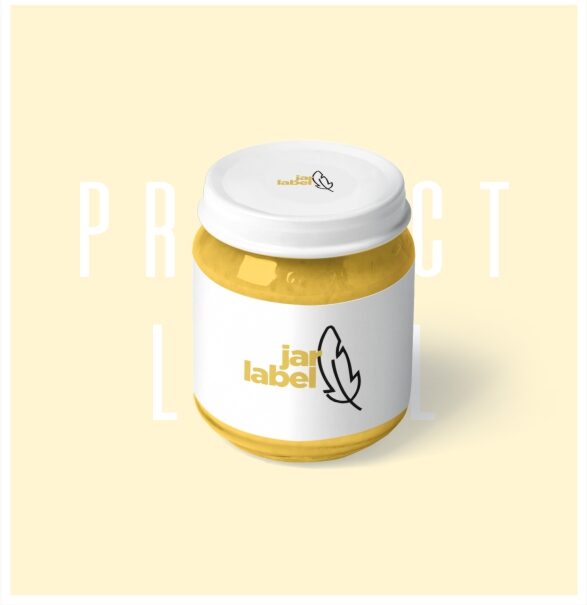 White jar labels with yellow text on them.