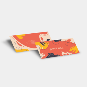A slim business card with a colorful design.