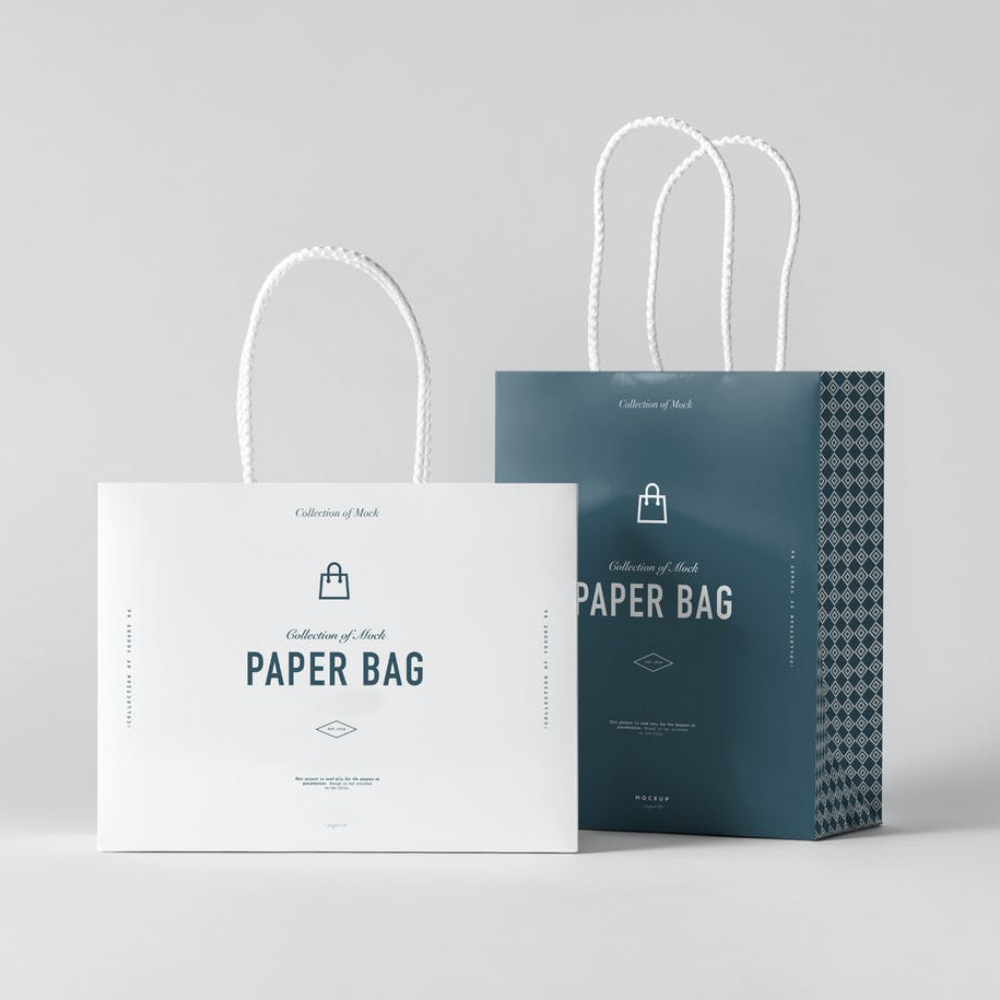 White and blue paper bags with handles.
