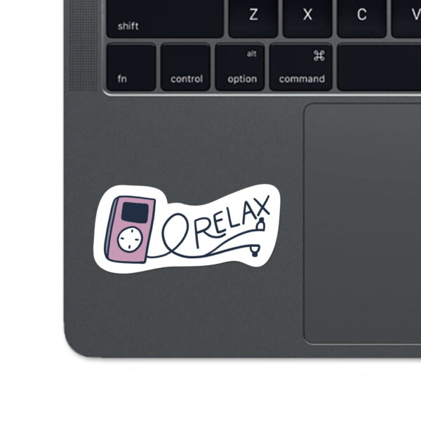 A black and white sticker with the word "RELAX"