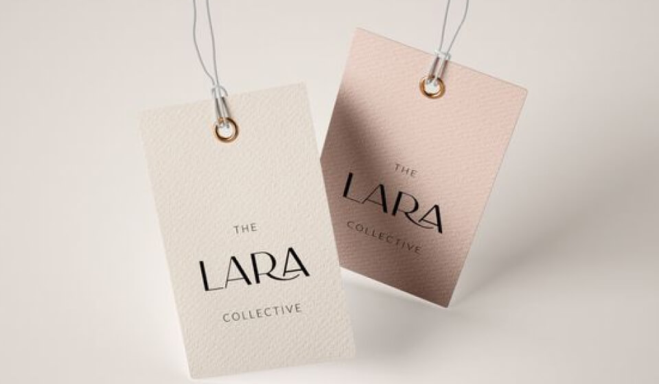 beige and pink clothing tags designed by print factory for the label Lara